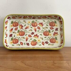 Temp-tations Seasonal .75 Quart Ceramic Baking Dish Pumpkin Fall Leaves QVC 10x6